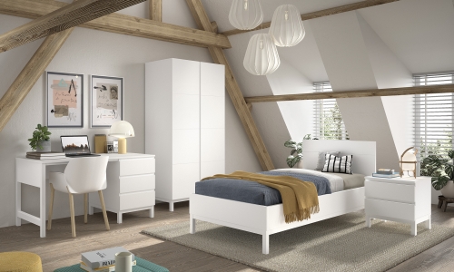 Model Eva in witgelakt mdf met bureau en tweedeurs kledingkast