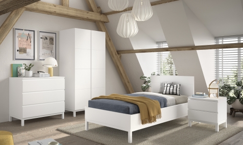 Model Eva in witgelakt mdf met ladenkast en driedeurs kledingkast