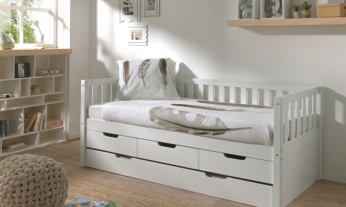 Kajuitbed fritz met slaapladen en opbergladen in massief grenen wit gelakt