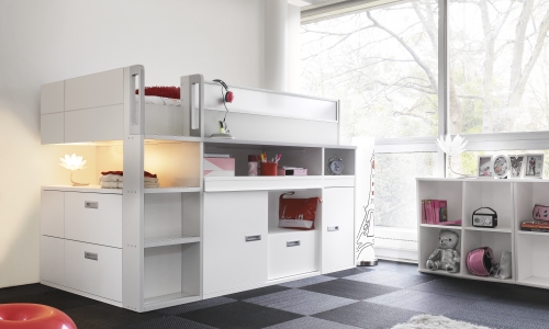 Model Dimix van Gautier kinderkamers en tienerkamers. Hoogslaper met bureau en bergruimte.